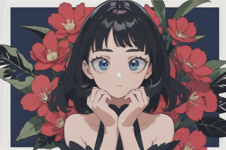 Best quality,masterpiece,ultra high res,1girl,beautiful_face,detailed skin,full body,black hair, blue_eyes ,looking at viewer,detailed eyes,detailed hair, fullbody,dark blue,detailed hands, full_body, detailed_hands, flowers, flower details, curly_hair, long legs, long limbs,