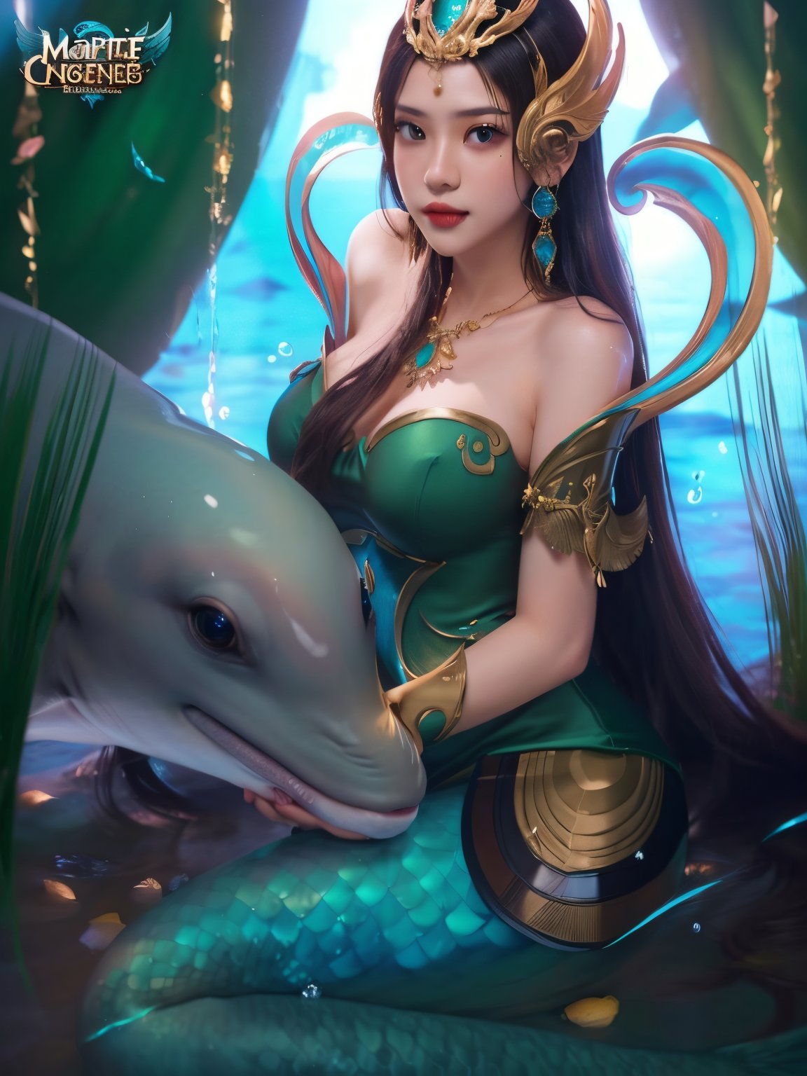 Top quality, 8k, 32k, Masterpiece, photo realistic, realistic, beautiful mermaid wearing green dress with dolphins and sea creatures in fantasy setting, white skin, fantasy art style, artgerm, wlop, artgerm highly detailed, woman with big boobs, cleavage, intricate detail, super detail, super high, supreme detail, seamless, Stunning detail, fine detail, cinematic lighting, smooth and beautiful, CG, unity, 8k wallpaper, unity detail 8k CG wallpaper, stunning detail, high resolution, Puppet Indonesia, Anyeraldine