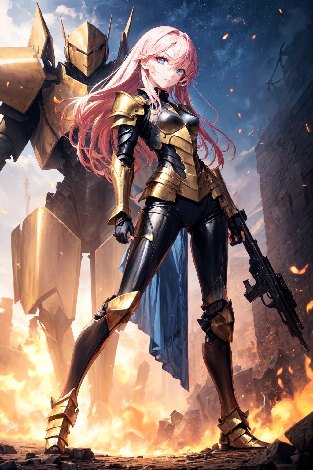 3/4 body shot, RAW foto, high details, fighting scene, (view from side:1.4), (golden light from behind:1), 1 young woman, (wearing polished black and golden heavy full body armor:1.6), eye contact, big sparkling blue eyes, beautiful face, (slim waist:1.4),  (small hips:1.8), (big thigh gap:1.4), (eye contact:1.8), (head turned to viewer:1.4),17 years old, (medium breasts:1.4), long pink hair with thick blue strands, aggressive face, fighting opponent, mecha,  war zone, gunsmoke, combat zone, holding gun, firing gun in hand