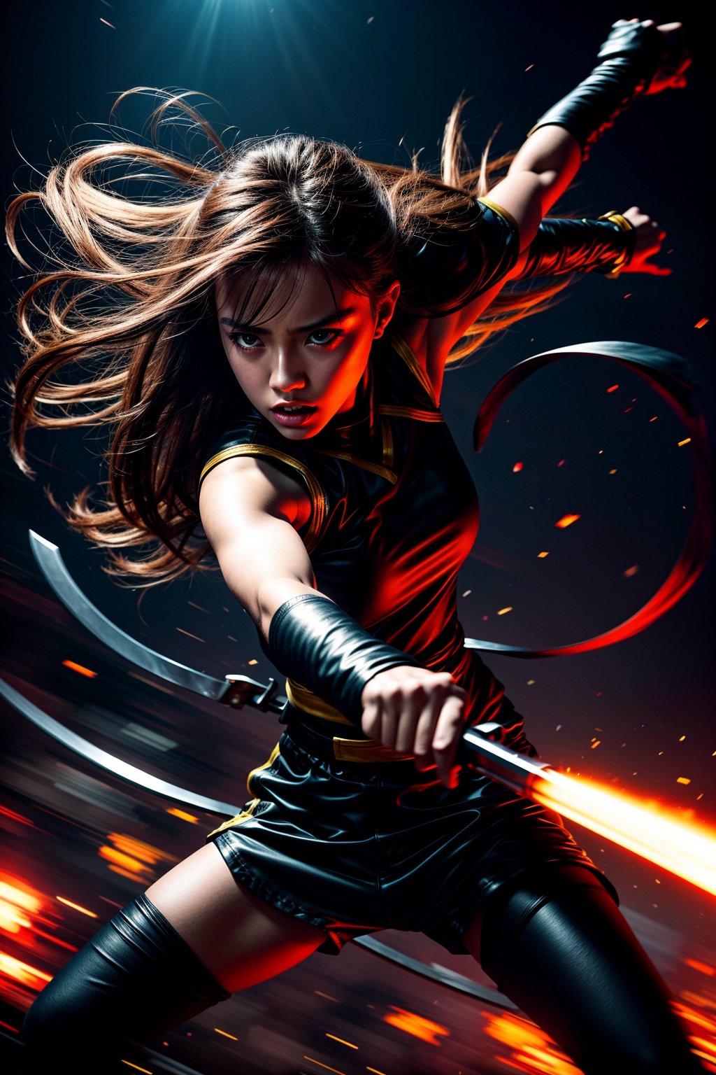 comic style, 8k, action shot, high detailes, best quality, dreamworld, colorful, cute teenager girl with a sword in her hands fighting a nightmare dream monster, toned body, kungfu fighting, confidence