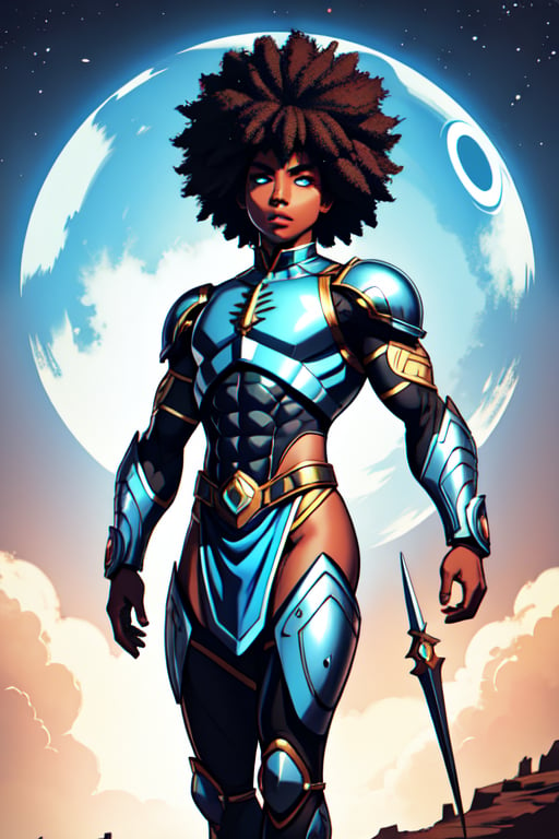 sole male, muscular, big eyes, afro hair, futuristic armor, guardian