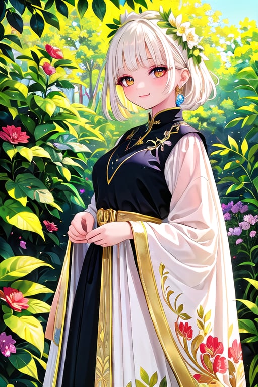 A stunning young woman with platinum blonde hair and a radiant smile poses amidst the lush surroundings of a vibrant botanical garden on a sun-kissed day. She wears a breathtaking Ukrainian national dress, adorned with intricate embroidery in shades of black, red, and green. The warm sunlight casts a gentle glow on her face and clothes, highlighting the ornate details of her attire as she stands amidst a tapestry of colorful flowers and lush greenery.