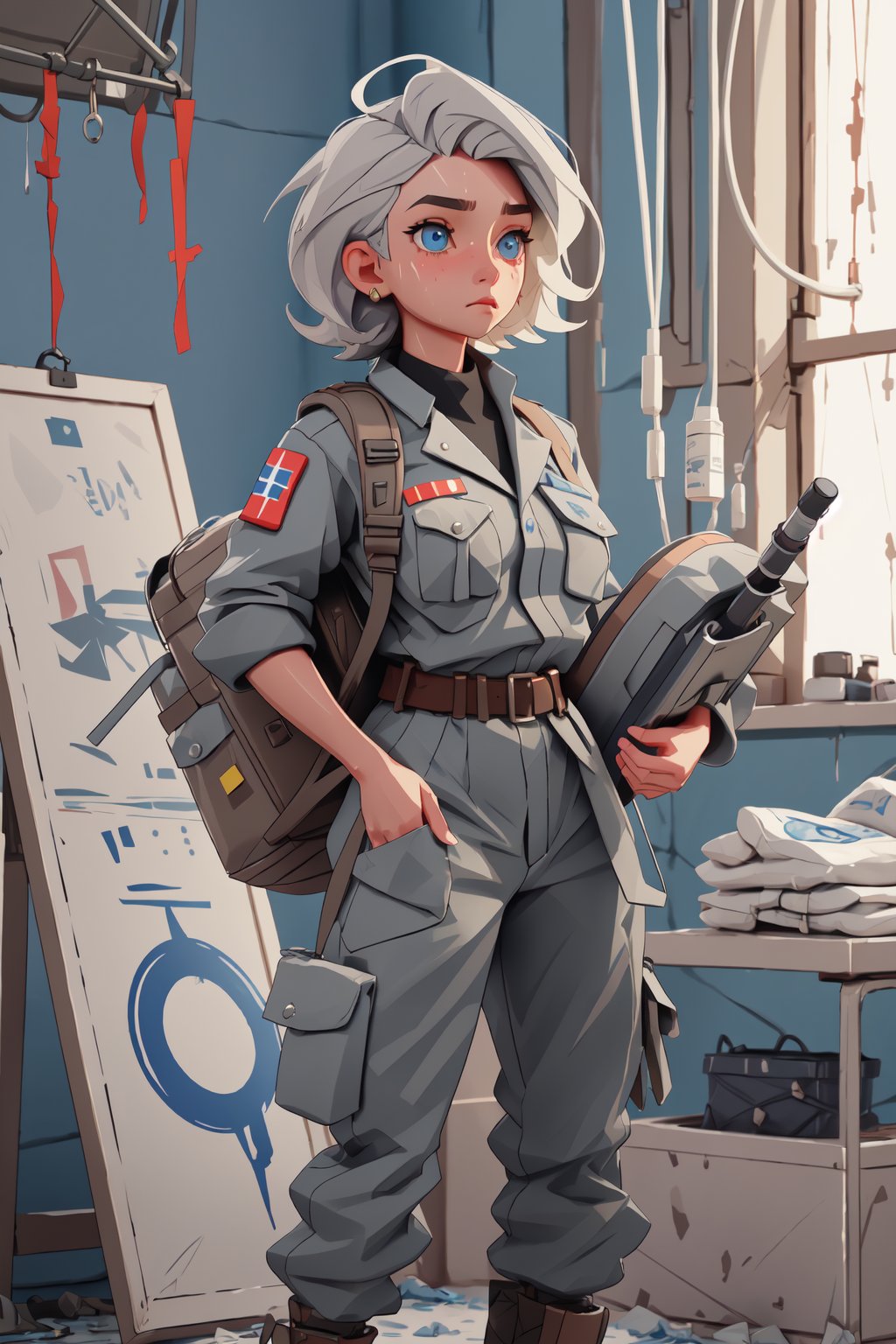 Portrait of a military medic girl, with short grey curvy hair, reminiscent of the works of artists like Kris Costa and Ian Spriggs. The woman stands tall, exuding strength and resilience. Her striking blue eyes reflect a mix of determination and weariness. 3DMM, artwork, masterpiece, deteriorated clothes, dirty clothes, war in the background, dark military outfit, hyper-detailed, sweaty body. The girl carries medical equipment on her waist and a backpack full of medical supplies on her back. Her expression is serious and focused as she prepares to face the challenges of the battlefield,