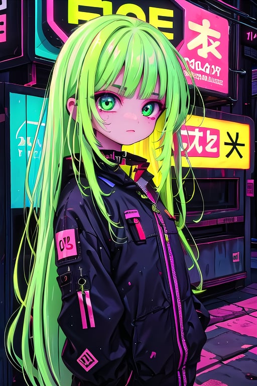 1girl, cyberpunk, neon colors, long hair, neon green eyes, yellow clothes, sadistic expression, basic background, looking at viewer, multicolor hair