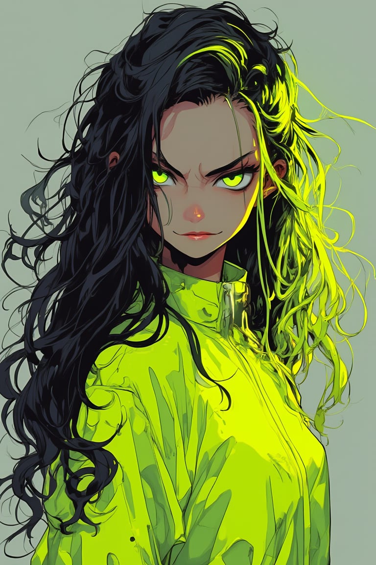 A cyberpunk anime girl with long, flowing hair and piercing neon green eyes gazes directly at the viewer with a sadistic smirk. She wears a bright yellow jumpsuit, her multicolored hair styled in loose waves. The background is a stark, monochromatic gray, emphasizing her vibrant attire and intense expression.