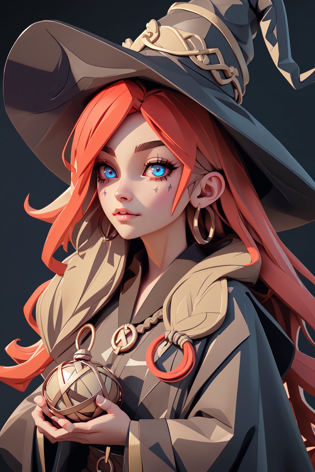 ((Portrait female witch doctor in black robes)), dark mode environment, detailed clothes, fantasy, unrealist, magic eyes, low brightness, dark scenario, masterpiece, tetric witch, neon eyes, lustful look, Very long hair fluffy, red hair color, smooth skin, diaphanous, iridescent, Highly detailed face and skin texture, dynamic light, looking_at_camera, detailed outfit, detailed eyes, depth of field, dark background, little hat, 3DMM,3DMM