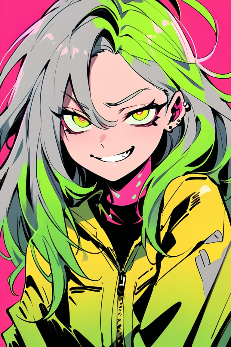 A cyberpunk anime girl with long, flowing hair and piercing neon green eyes gazes directly at the viewer with a sadistic smirk. She wears a bright yellow jumpsuit, her multicolored hair styled in loose waves. The background is a stark, monochromatic gray, emphasizing her vibrant attire and intense expression.