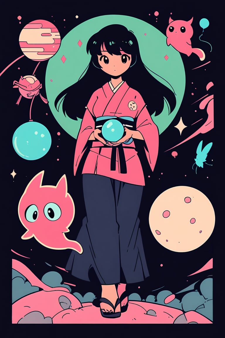 (minimalist:1.4), (flat colors:1.4), anime style, in the style of Keith Negley, Mike Mignola, Jon Klassen. The art style should be flat, vintage retro, lofi, simple yet detailed, and in vector format. A female samurai, Will-o'-the-wisp, glowing particles, holding orb, magical, magic, pitch black background, face glowing from orb, beautiful scene, close up, full body, moon, 