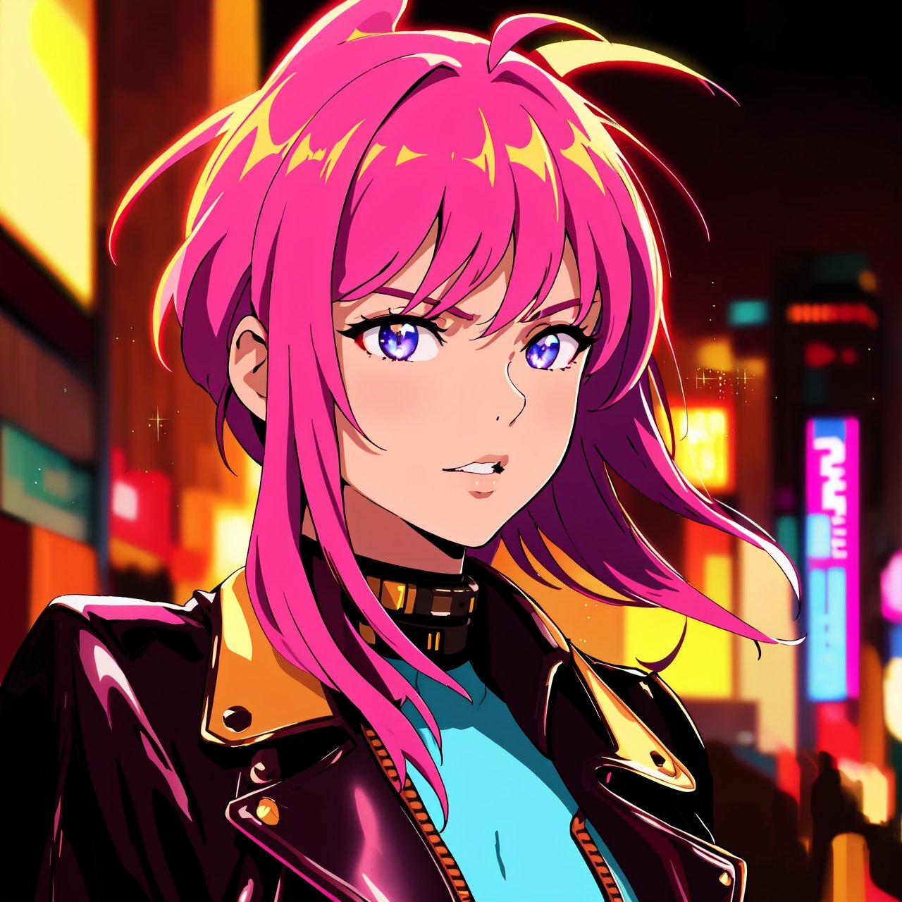 hyper realistic, lifelike texture, dramatic lighting, (best quality:1.1), depth of field, nighttime, in a futuristic cyberpunk city, HDR, shallow depth of field, broad light, high contrast, backlighting, bloom, light sparkles, chromatic aberration, sharp focus, futuristic clothing, leather jacket, beauty512, lnchuu, ,  , 