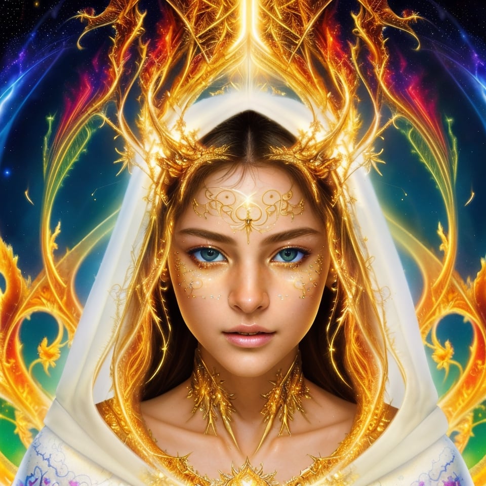 (masterpiece, top quality, best quality, official art, beautiful and aesthetic:1.2), (1girl), extreme detailed eyes, (fractal art:1.3), colorful, highest detailed, (perfect face), shiny skin, HDR, (white cloak golden lines:1.2), galaxy, (light streaks), striking visuals, (dynamic streaks, luminous trails:1.2), vibrant colors, (phoenix), (dragon)