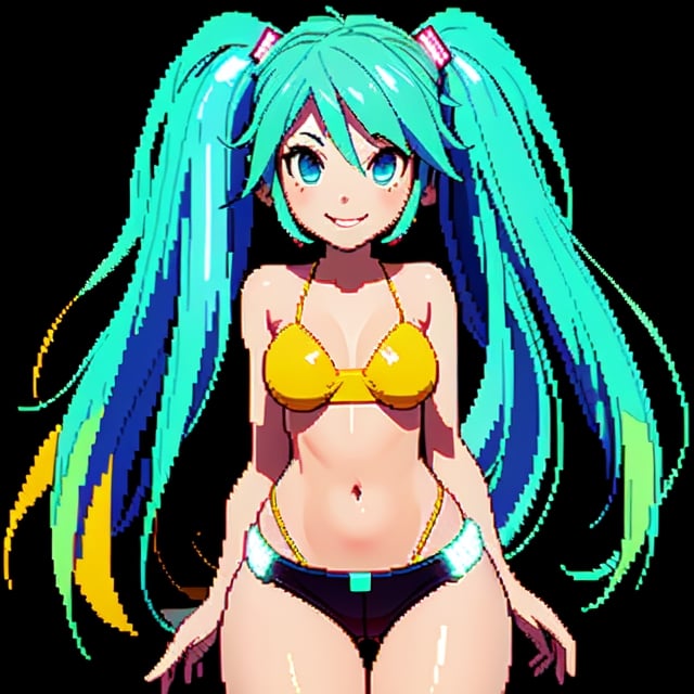 Pixel Art, pixelated, 1girl, masterpiece, glowing lights, best quality, hatsune miku, in a space