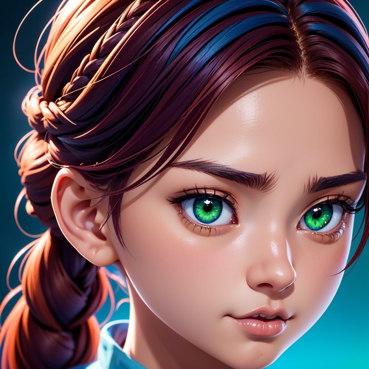 anime, hda, a close up of a woman with ((red braided low ponytail hair)) and (((the most beautiful green eyes))) in (((blue outfit))), (((determined)), 8k, Unreal Engine 5, octane render, by kyun, gamang, Yoon Gon-Ji, g.ho, gosonjak, shuroop, serious, domi, noah, trending on pixiv, fanbox, skeb, masterpiece, detailed face, smooth soft skin, big dreamy eyes, beautiful intricate colored hair, symmetrical, anime wide eyes, soft lighting, concept art, digital painting,
