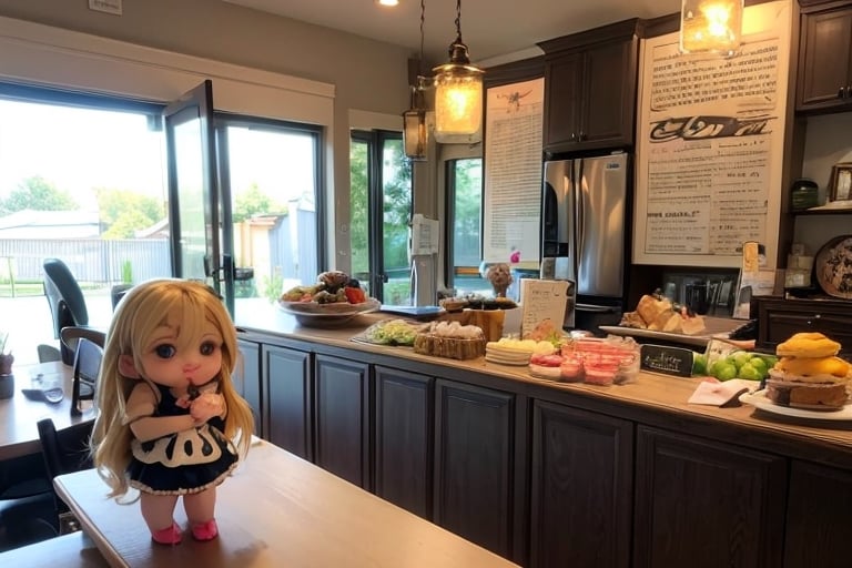 masterpiece, highly detailed, (chibi:1.3), , (1girl), blonde hair, pastel colors, cozy atmosphere, dessert display case, macarons, cupcakes, tarts, cakes, coffee machine, chalkboard menu, natural lighting, glass jars filled with candy, frosted window panes, decorative plates, whimsical decor, sugar sculptures, 