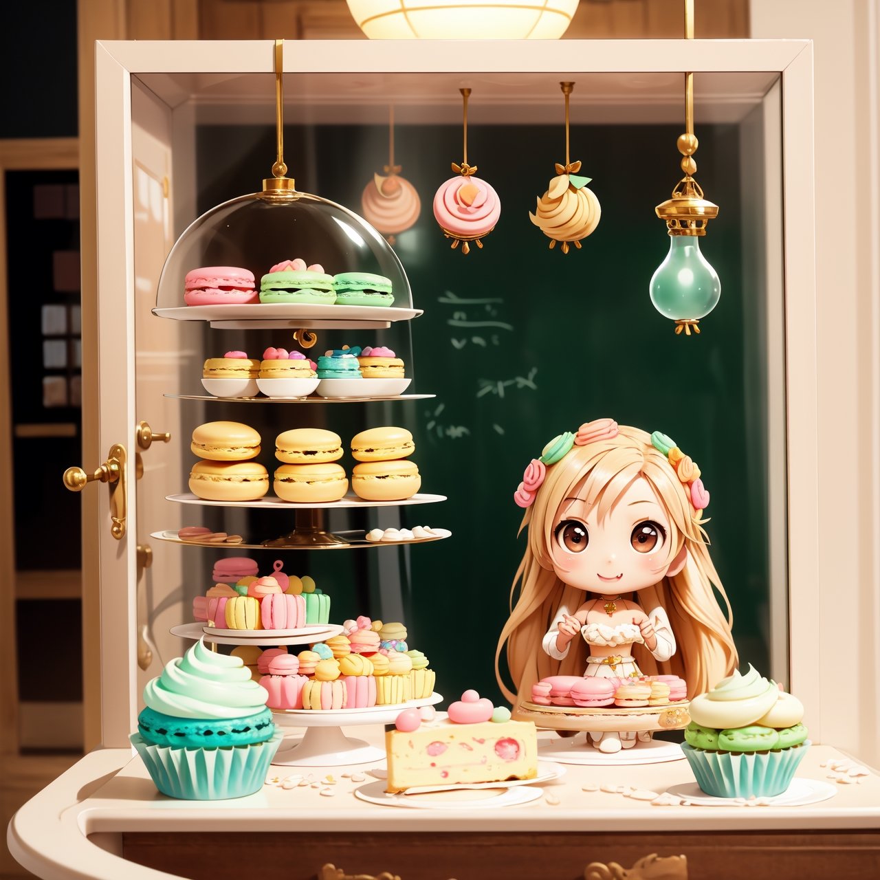 masterpiece, highly detailed, (chibi:1.3), , (1girl), blonde hair, pastel colors, cozy atmosphere, dessert display case, macarons, cupcakes, tarts, cakes, coffee machine, chalkboard menu, natural lighting, glass jars filled with candy, frosted window panes, decorative plates, whimsical decor, sugar sculptures, 