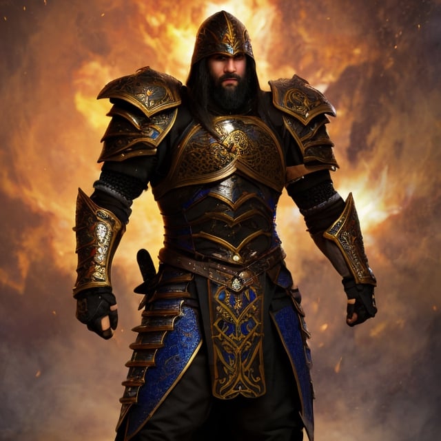 a man, warrior, dirty black hair and beard, dark fantasy, detailed black armor, large sword