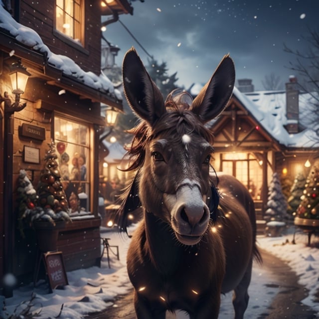 A small gift donkey near a Christmas tree,medium:traditional oil painting,fluffy fur,long ears and tail,bright eyes and friendly expression,colored Christmas lights,sparkling ornaments,soft snowflakes falling from the sky,cozy winter atmosphere.(best quality,4k,8k,highres,masterpiece:1.2),ultra-detailed,(realistic,photorealistic,photo-realistic:1.37),HDR,UHD,studio lighting,physically-based rendering,vivid colors,warm color palette,soft and diffused light.