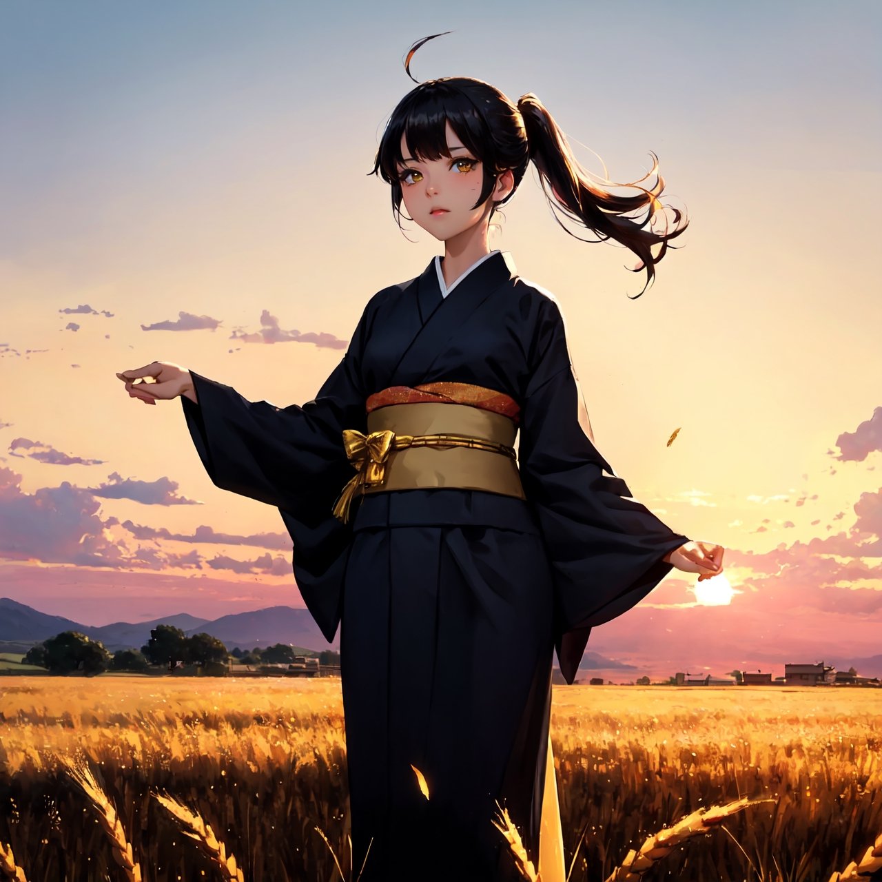 A girl in a kimono with a blank look stands waist-deep in a field of wheat, a black kimono with gold edges, her hair is tied in a ponytail, yellow eyes, the sunset is reflected in her eyes, the light falls on her face, half-sideways to the camera