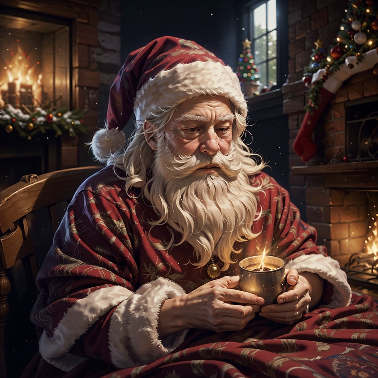 (best quality, ultra-detailed, realistic:1.37), oil painting,  Santa Claus sleeping in his bed,  cozy atmosphere,  winter wonderland,  fireplace crackling,  Christmas tree lights twinkling,  soft woolen blankets,  fluffy pillows,  intricate details of Santa's face and white beard,  intricate patterns on the bedspread,  warm and inviting colors,  gentle moonlight streaming through the window,  peaceful and serene., Santa Claus, Masterpiece,Santa Claus