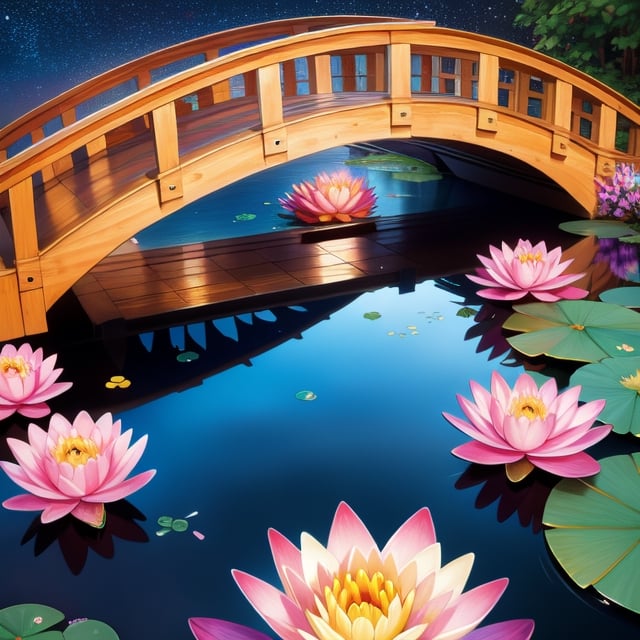 Colored line drawing night tranquil starry sky and lake water, water lily, bridge, highly realistic and detailed painting, crayons, colored pencil