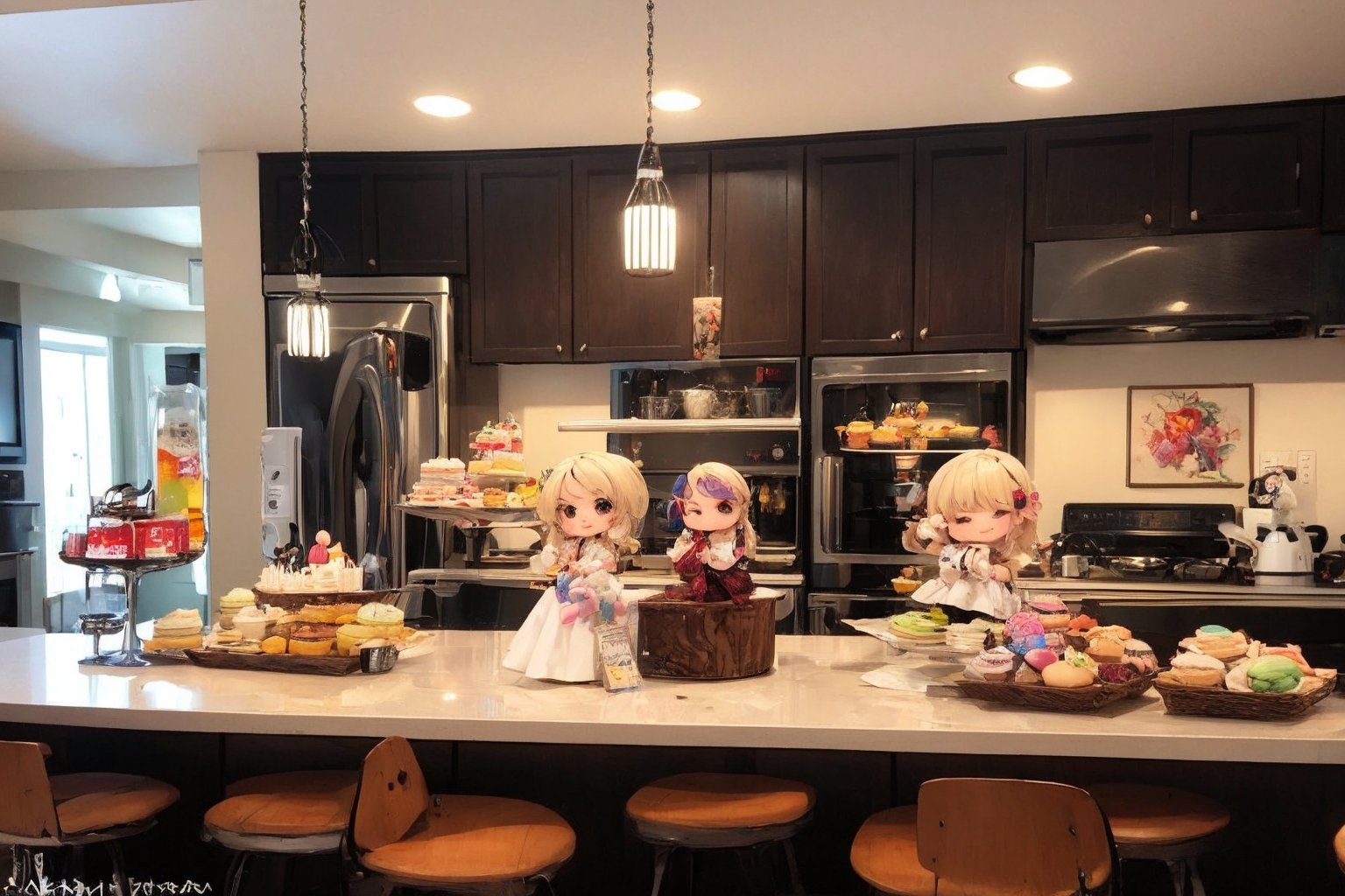 masterpiece, highly detailed, (chibi:1.3), , (1girl), blonde hair, pastel colors, cozy atmosphere, dessert display case, macarons, cupcakes, tarts, cakes, coffee machine, chalkboard menu, natural lighting, glass jars filled with candy, frosted window panes, decorative plates, whimsical decor, sugar sculptures, 