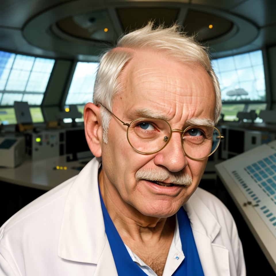 1 old man with short white hair dressed as a scientist, with a surprised expression (1.2), and a large scientific observatory with many large screens in the background