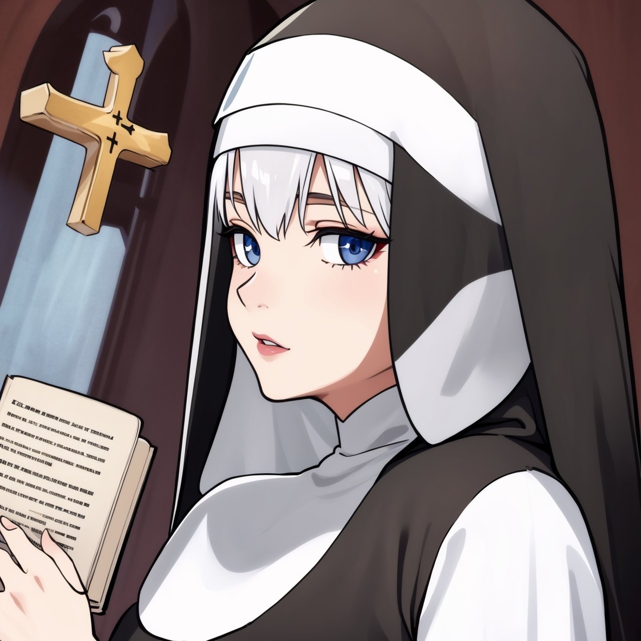 nun, cross, bible, white hair, church, realistic and detailed eyes 