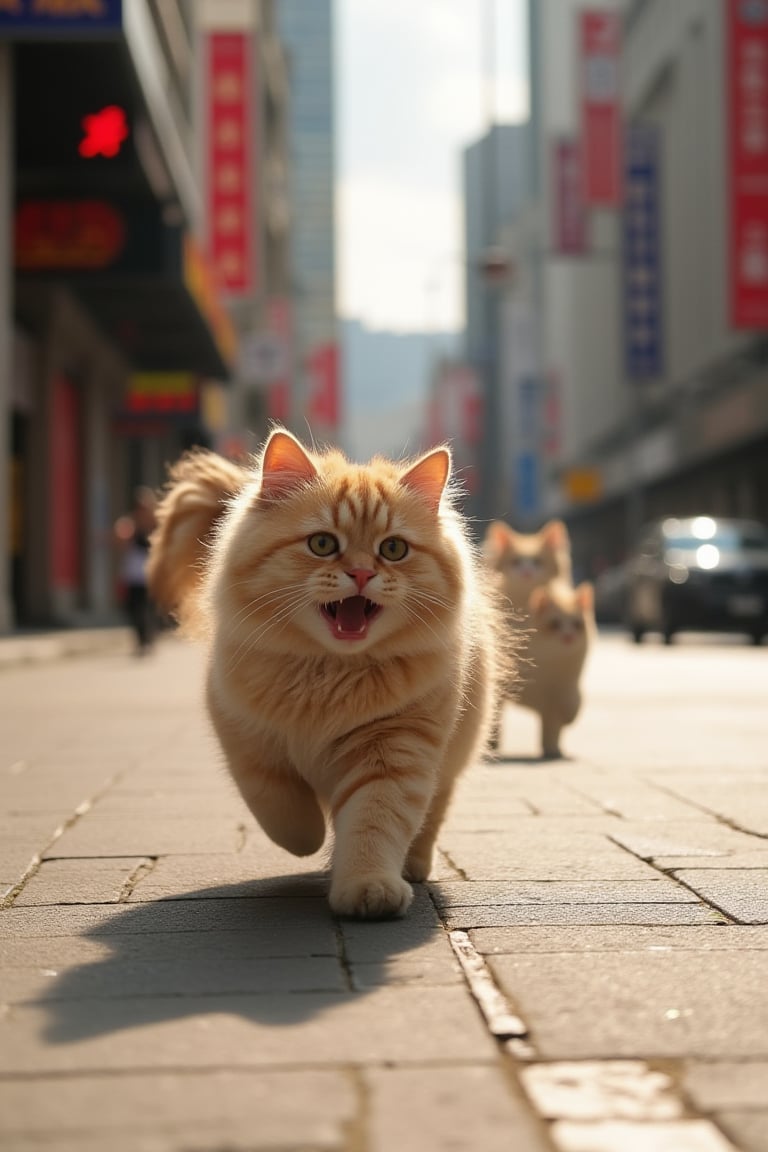 Scottish fold cats running around the streets of Shanghai, China every year, laughing, sunny, captured with Sony A7S III high resolution digital camera, global illumination