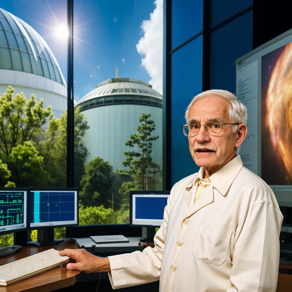 1 old man with short white hair dressed as a scientist, with a surprised expression (1.2), and a large scientific observatory with many large screens in the background