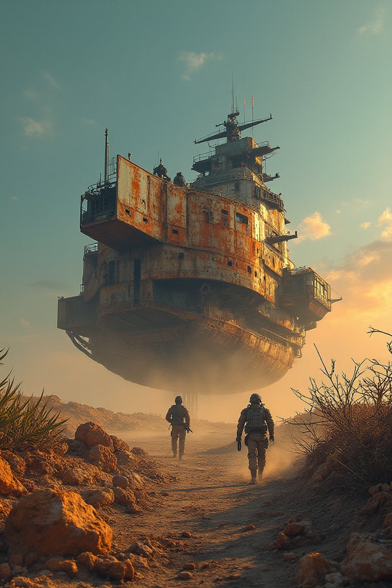 Composition: A futuristic warzone landscape unfolds an industrial military ship emerges from a dusty, ravaged horizon. Weathered textures and rusty hues dominate the foreground, depicting the aged structure's battle-worn features. The sky above is a deep shade of indigo, gradually lightening to a faint blue towards the upper left corner, where a burst of orange and yellow illuminates the atmosphere. A military unit, dressed in muted earth tones, moves cautiously into the frame, led by a helmeted figure holding a rifle at the ready. The landscape's worn terrain, complete with rocky outcroppings and ravaged foliage, stretches towards the vanishing point, drawing the viewer's eye into the gritty, adventurous scene.