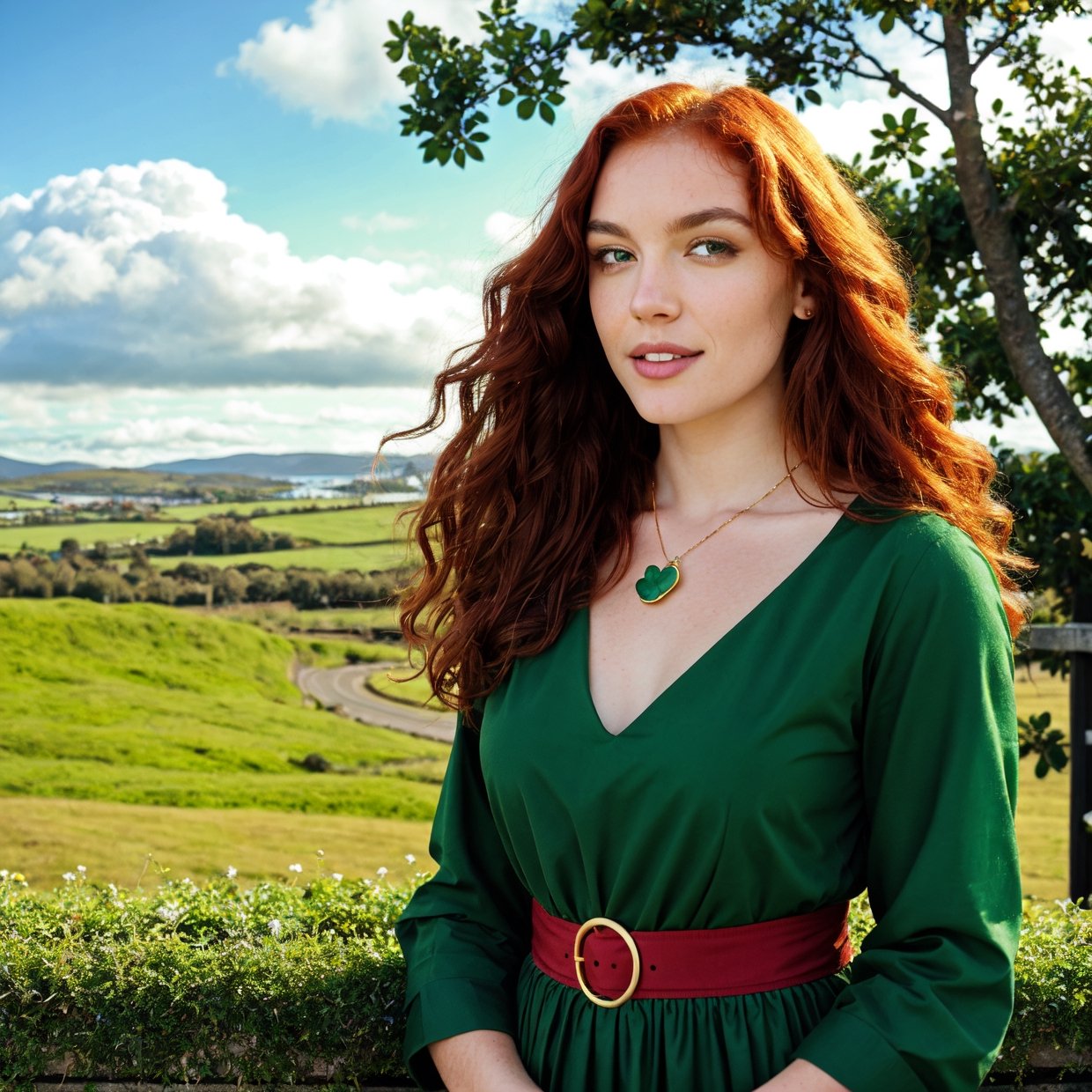 a girl with long red curly hair, green eyes, and fair skin, wearing a traditional Irish dress, standing in a lush green field, surrounded by colorful flowers, holding a four-leaf clover, with a rainbow and a pot of gold in the background, captured in a vibrant and realistic oil painting style, with high resolution details, vivid colors, and studio lighting, showcasing the joy and celebration of Patrick's Day.