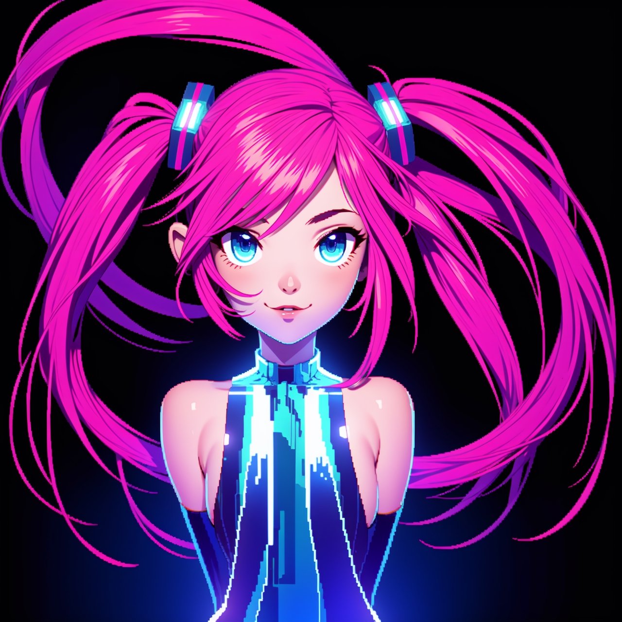 Pixel Art, pixelated, 1girl, masterpiece, glowing lights, best quality, hatsune miku, in a space