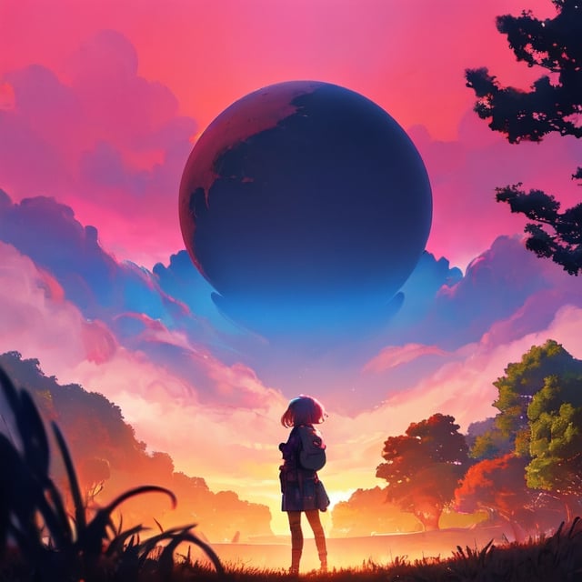 landscape on a strange alien planet, twin suns, atmospheric colours, fields, trees in the background, dense foliage, animals, picturesque, photo, synthwave,girl 