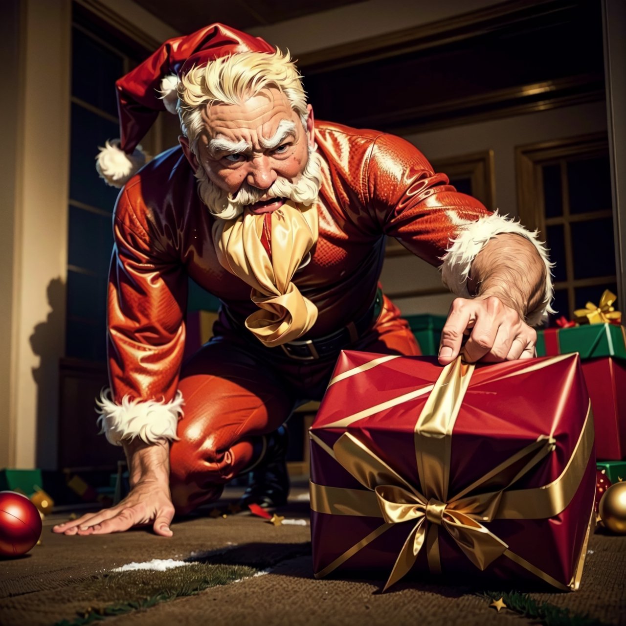 (best quality, highres, realistic:1.37), detailed Santa Claus (angry santa claus throwing on the ground and breaking presents near a christmas tree), 