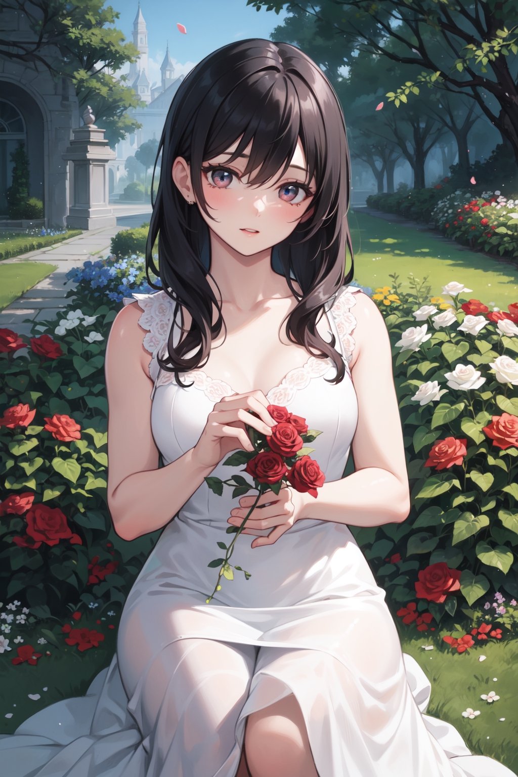 A girl smelling roses in a beautifully landscaped garden, surrounded by vibrant and lush flowers. She is wearing a flowing white dress that matches the purity and elegance of the garden. The garden is filled with different varieties of roses, in various shades of red, pink, and white, creating a mesmerizing display of color and fragrance. The roses are expertly arranged, enhancing the visual appeal of the garden. The sunlight filters through the tree branches, casting a gentle glow on the scene. The girl's eyes light up with delight as she takes in the beauty of the roses. The intricate details of the petals and delicate fragrance are captured with ultra-detailed precision. The painting style is reminiscent of a classical oil painting, bringing out the richness and depth of the flowers. The colors are vivid and vibrant, with hues of red, pink, and green dominating the scene. The lighting is soft and warm, emphasizing the romantic ambiance of the garden. The overall image quality is of the highest level, with sharp focus and realistic representation. This masterpiece captures the timeless beauty and enchantment of roses in a stunning garden. (best quality, ultra-detailed, realistic, photorealistic), roses, girl, garden, flowers, dress, vibrant colors, oil painting style, sunlight, beautiful landscape, soft and warm lighting