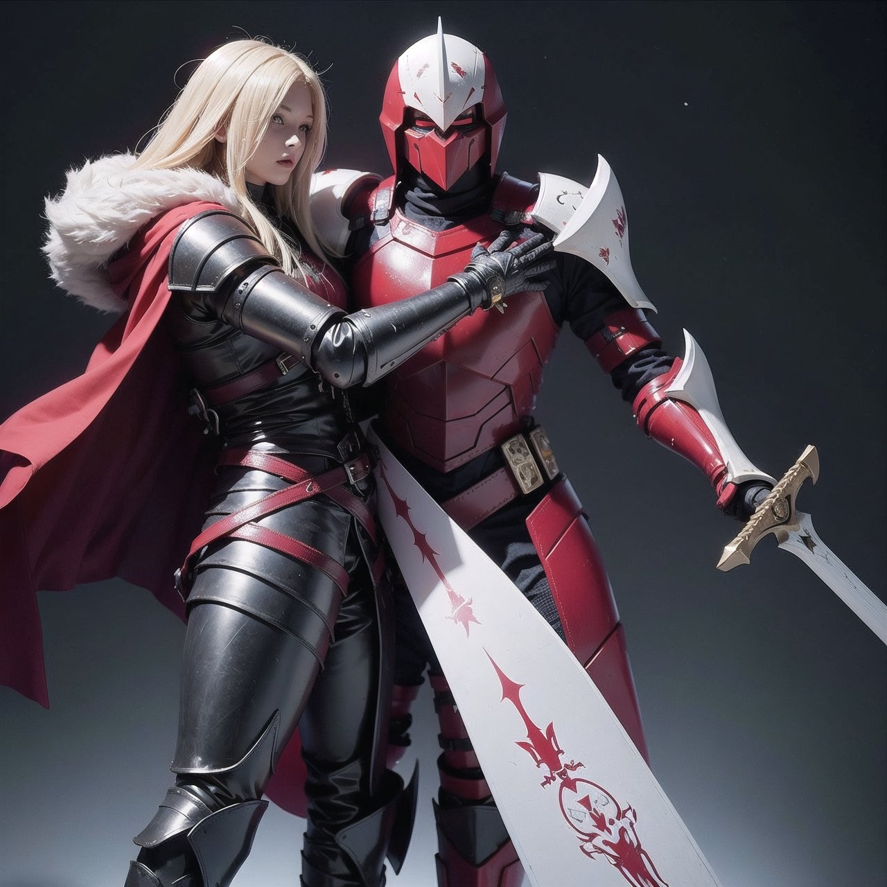 One Male albino knight with long hair, wearing heavy armor with a red hood carrying a long swords