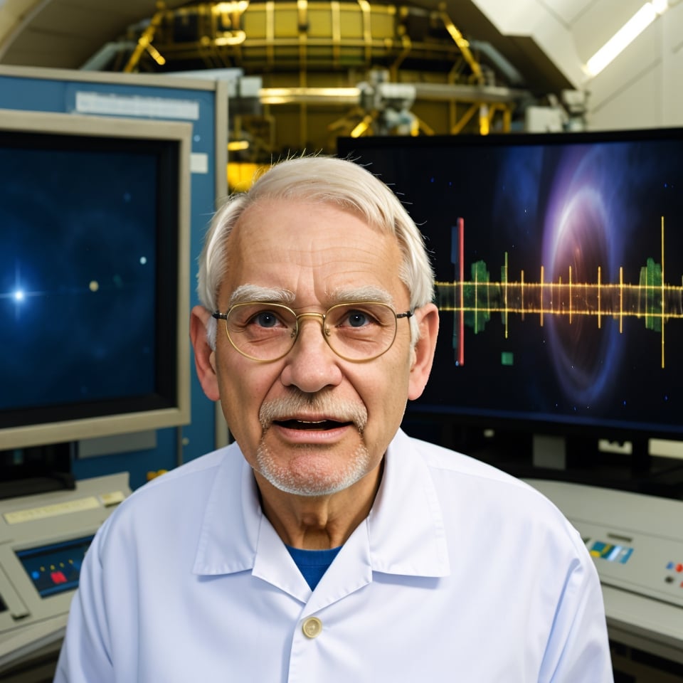 1 old man with short white hair dressed as a scientist, with a surprised expression (1.2), and a large scientific observatory with many large screens in the background