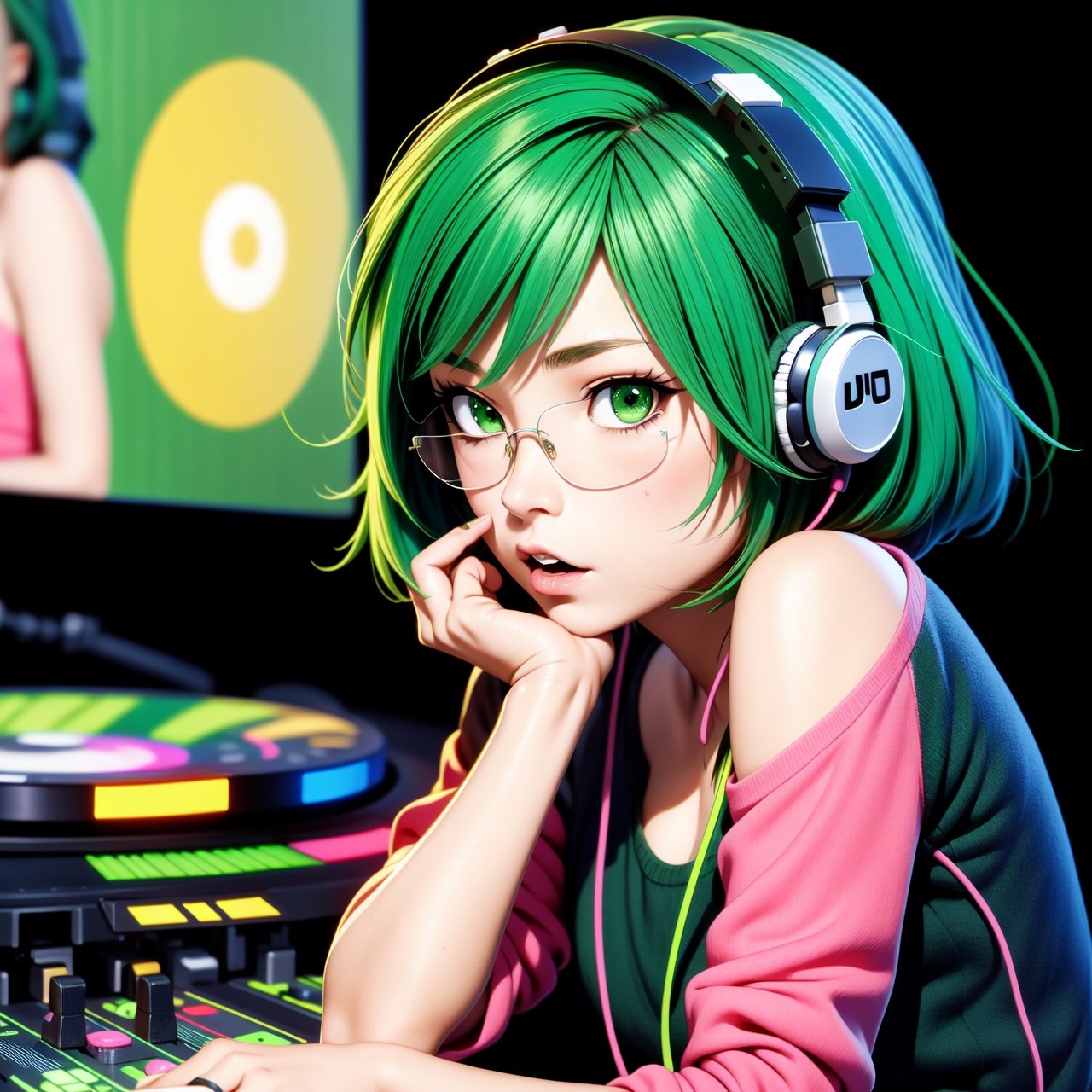 anime, deejaying girl, dj, dj girl, headphones, rave, (highest picture quality),masterpiece,best quality,extremely detailed CG wallpaper, ultra_detailed,(Cinematic Lighting:1.1), (cold face), green eyes, 1girl, solo, dark-green_hair, short_hair, masterpiece, best quality, glasses