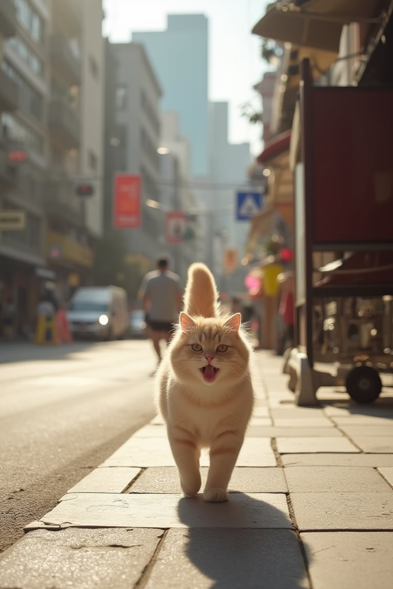 Scottish fold cats running around the streets of Shanghai, China every year, laughing, sunny, captured with Sony A7S III high resolution digital camera, global illumination