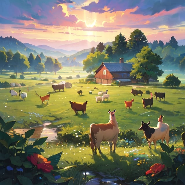 (best quality,4k,8k,highres,masterpiece:1.2),ultra-detailed,farm girl anime with animals,bright and vibrant colors,fantastical lighting,beautifully intricate background,detailed depiction of nature,whimsical atmosphere,character surrounded by flowers and plants,lush green fields,farm animals - cows, sheep, and chickens,farmhouse with a red roof