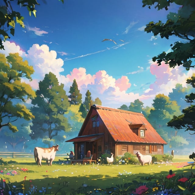 (best quality,4k,8k,highres,masterpiece:1.2),ultra-detailed,farm girl anime with animals,bright and vibrant colors,fantastical lighting,beautifully intricate background,detailed depiction of nature,whimsical atmosphere,character surrounded by flowers and plants,lush green fields,farm animals - cows, sheep, and chickens,farmhouse with a red roof