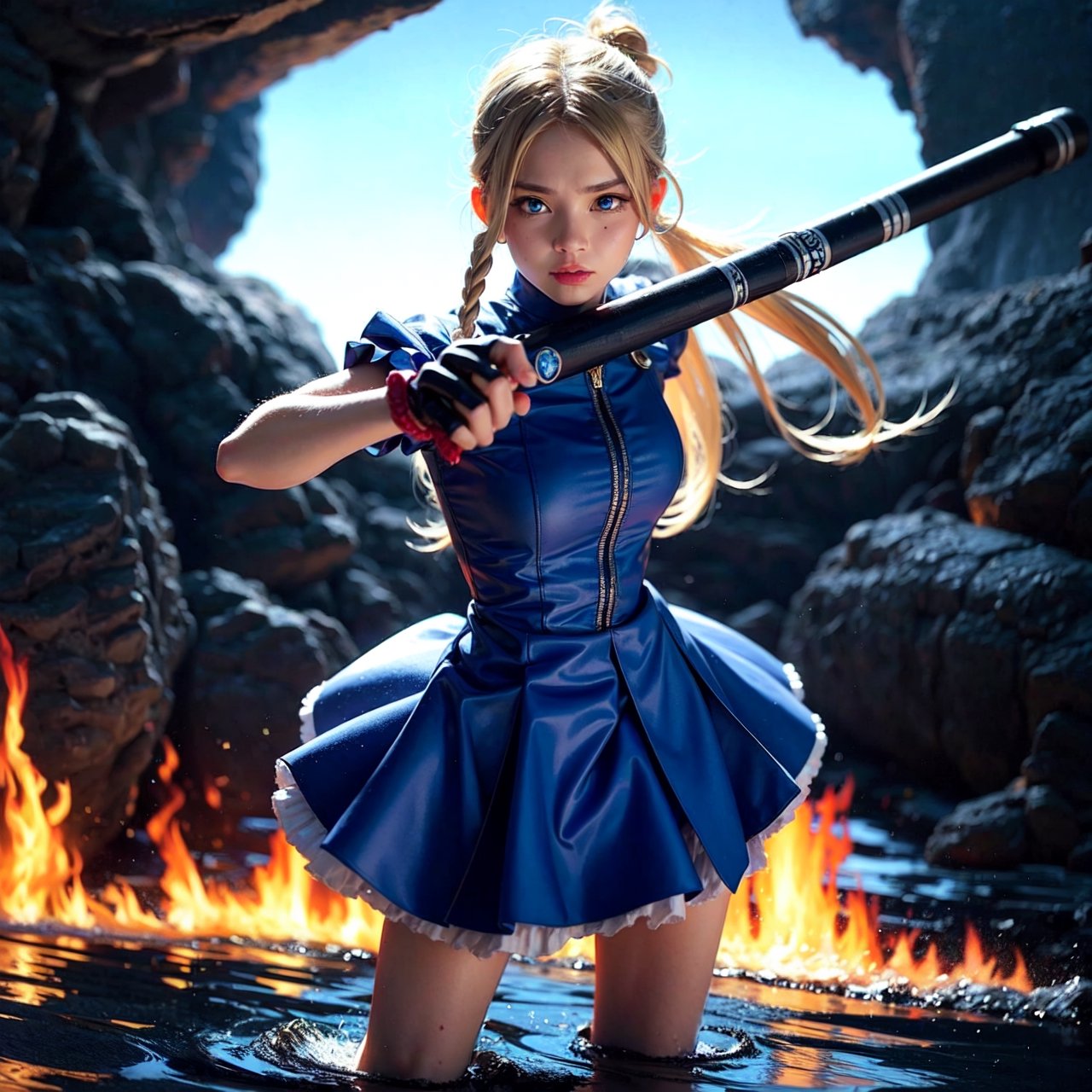 masterpiece, best quality, Bubbles, blue dress, blonde pigtails, pretty face, insanely detailed eyes, intense look, fighting pose, destroyed city, distant fires, rising smoke, 