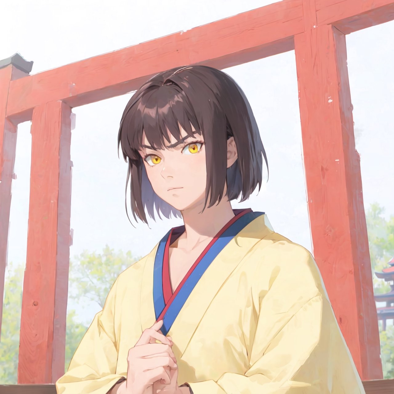 masterpiece, best quality, highres, muramasa, traditional Japanese shrine, solo, handsome, yellow eyes,