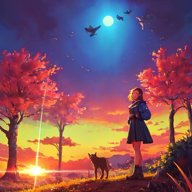 landscape on a strange alien planet,  twin suns,  atmospheric colours,  fields,  trees in the background,  dense foliage,  animals,  picturesque,  photo,  synthwave, girl,