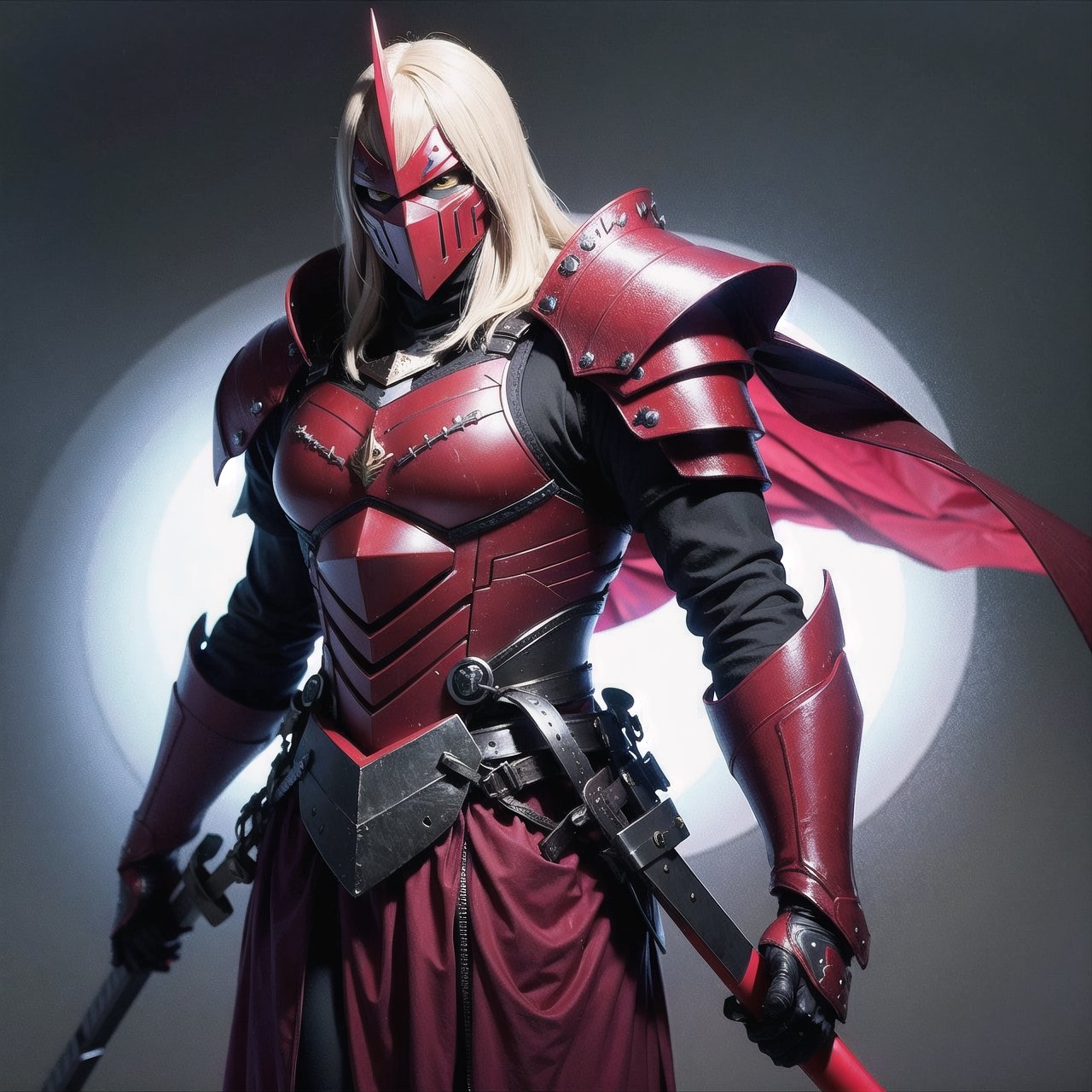 One Male albino knight with long hair, wearing heavy armor with a red hood carrying a long swords