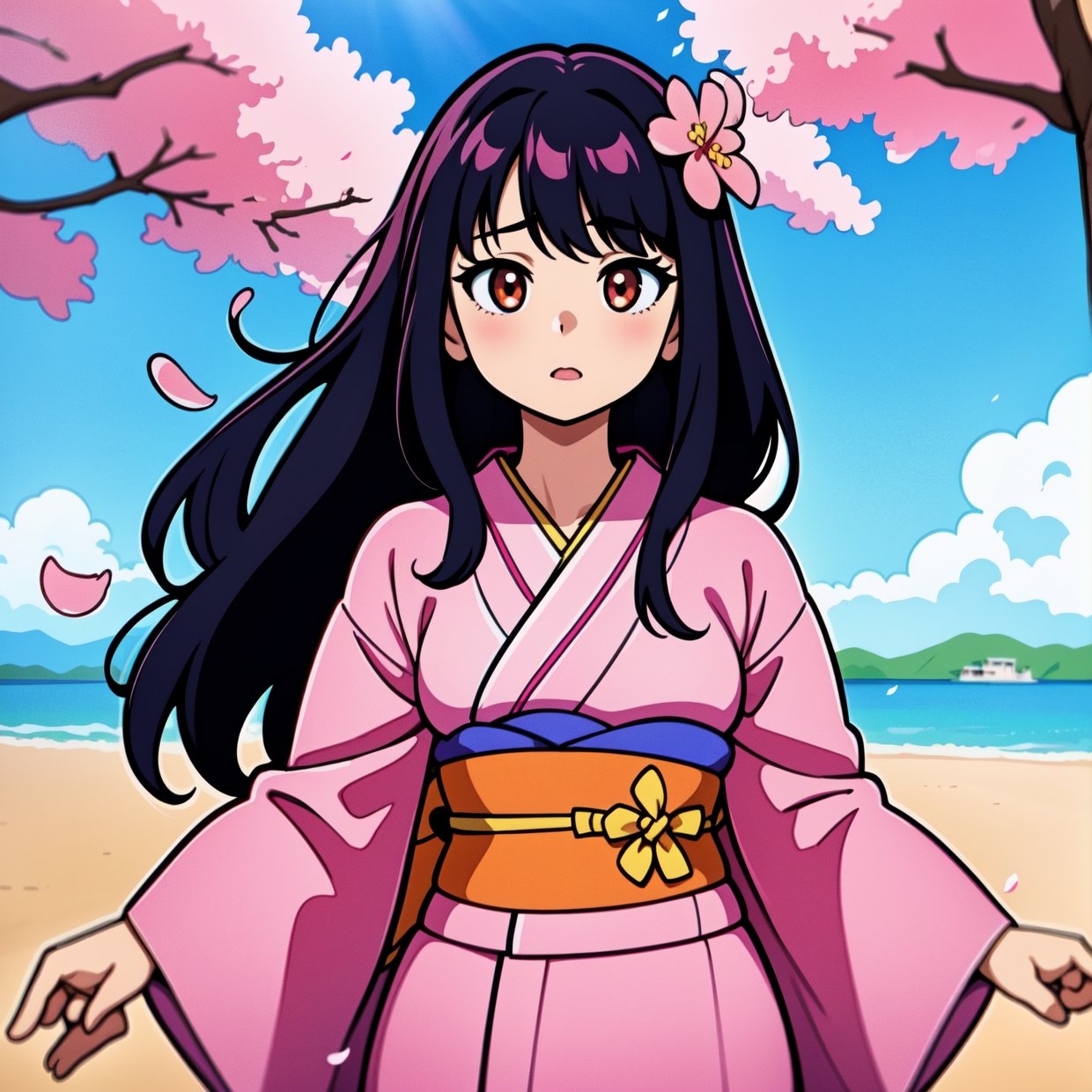 1girl,black hair, floating hair, seaside,scenery,landscape,cherry blossoms, falling petals, sunbeam,god rays,upper body, RENGE,DRESS,KIMONO