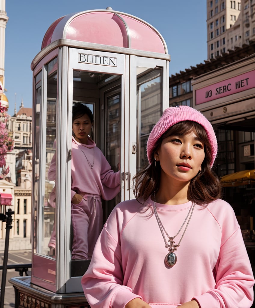 Analogue, asian men looking away, with a beannie, in a worn white and pink  streetwear outfit, pink cargo joggers, white face mask, fit body, dynamic body pose, jewelry, silver necklace, peaarls necklace, refined details, pink oversized sweatshirt, pink long silk details, stitching detail,, suspense lighting, complex, head and shoulders portrait, 4k concept art portrait by Greg Rutkowski, artgram, WLOP, Alphonse Mucha,city square , pink telephone booth, empty, daylight time, bright sky, refined hands