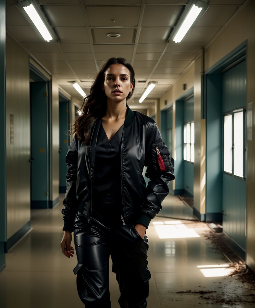 cover, a beautiful portrait of a girl , black nurse outfit, very refined garments, ripped futuristic jacket , black bomber jacket, streetwear style, black wide leg pants high quality garment, insane detail, intricate complexity, weapon in hand, zombie apocalypse, muddy clothes, suspense surreal,empty hospital corridor ,dirty corridor, abandoned, darker colors, cool color palette, light in the back, different body poses, dynamic pody poses, photoreal, 8 k, octane render by greg rutkowski