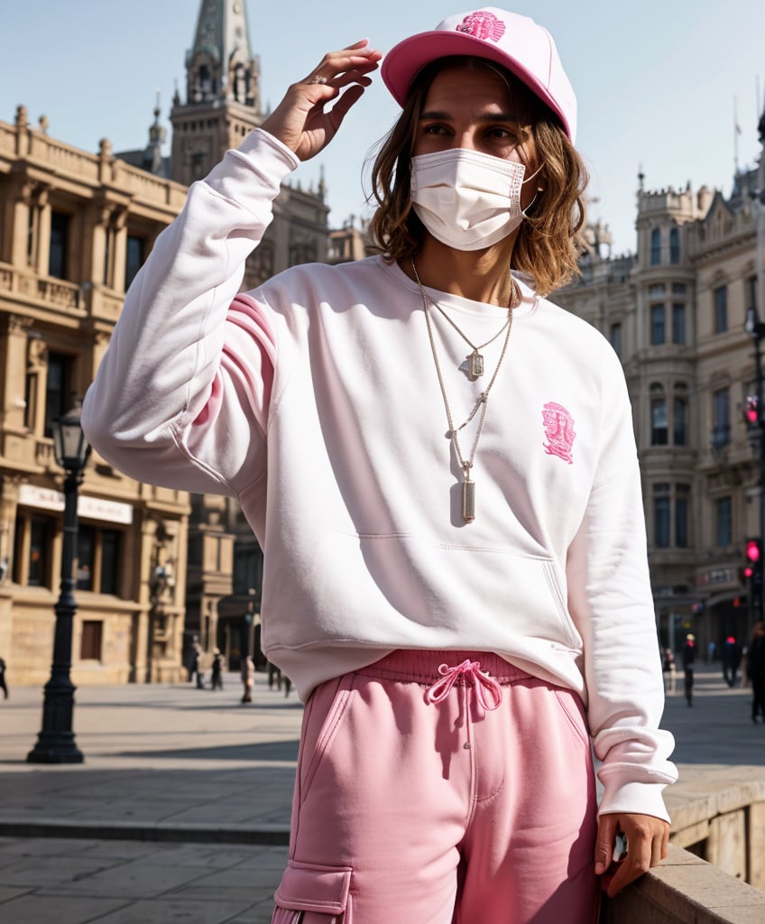 Analogue, white men looking away, with a baseball style cap, in a worn white and pink  streetwear outfit, pink cargo joggers, white face mask, fit body, dynamic body pose, jewelry, silver necklace, peaarls necklace, refined details, pink oversized sweatshirt, pink long silk details, stitching detail,, suspense lighting, complex, head and shoulders portrait, 4k concept art portrait by Greg Rutkowski, artgram, WLOP, Alphonse Mucha,city square , apocalyptic, empty, daylight time, bright sky, refined hands