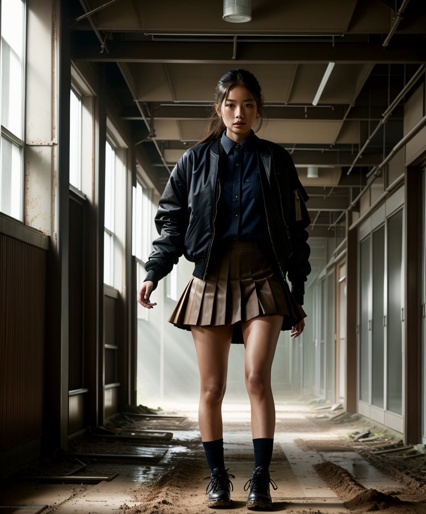 cover, a beautiful portrait of a japanese girl ,muddy face, black schoolgirl outfit, very refined garments, ripped futuristic jacket , black bomber jacket, streetwear style, black pleated skirt, school girl outfit,  high quality garment, insane detail, intricate complexity, weapon in hand, zombie apocalypse, muddy clothes, suspense surreal,empty school corridor ,dirty corridor, abandoned, big windows,  darker colors, cool color palette, light in the back, different body poses, dynamic pody poses, photoreal, 8 k, octane render by greg rutkowski