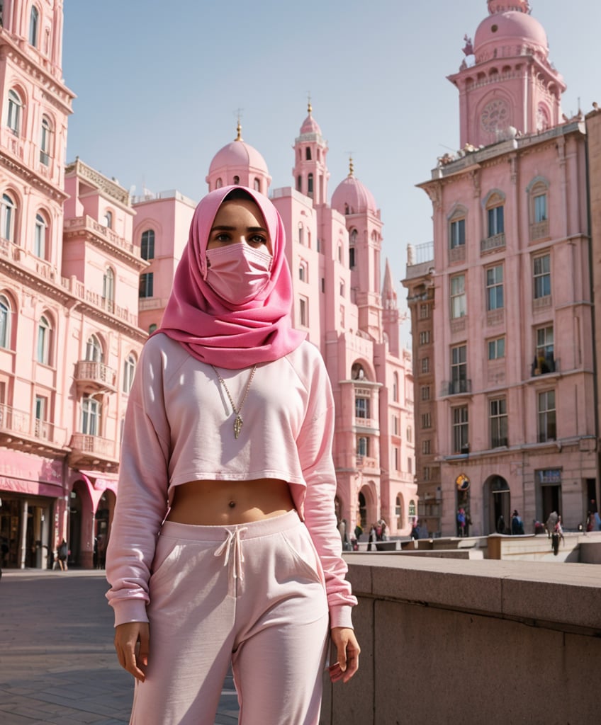 Analogue,arabic girl looking away,lpink hijab , in a worn white and pink  streetwear outfit, pink cargo joggers, white face mask, fit body, dynamic body pose, jewelry, silver necklace, peaarls necklace, refined details, pink oversized sweatshirt, pink long silk details, stitching detail,, suspense lighting, complex, head and shoulders portrait, 4k concept art portrait by Greg Rutkowski, artgram, WLOP, Alphonse Mucha,city square , pink buildings, empty, daylight time, bright sky, refined hands